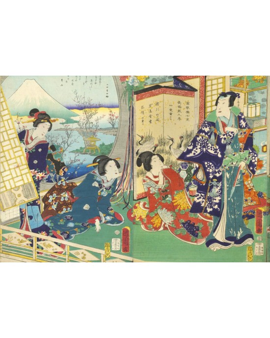 1000 κομμάτια UTAGAWA KUNICHIKE - PRINCE GENJI VISITING A RESIDENCE OVERLOOKIN MOUNT FUJI