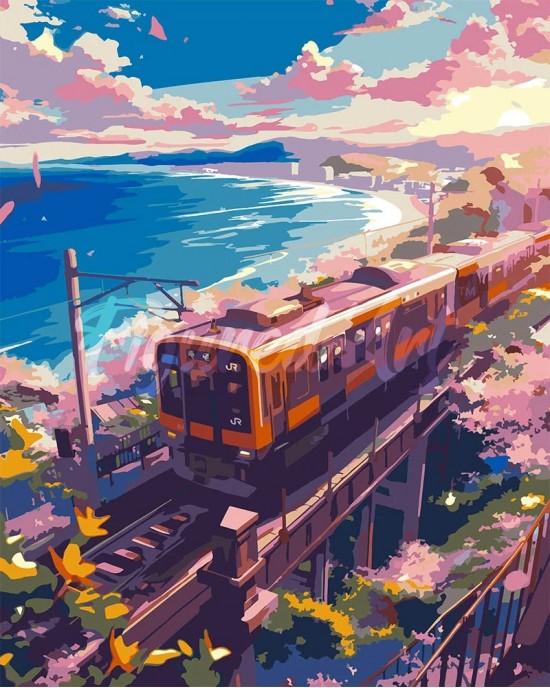 Ζωγραφική με αριθμούς Sakura Railway by the Ocean 40x50cm